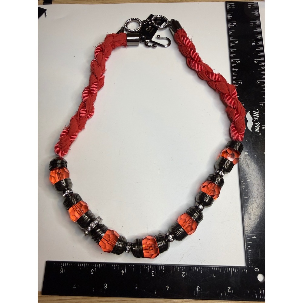 Cara New York Red Braided Fabric Orange Faceted Bead Statement Necklace NE-10609